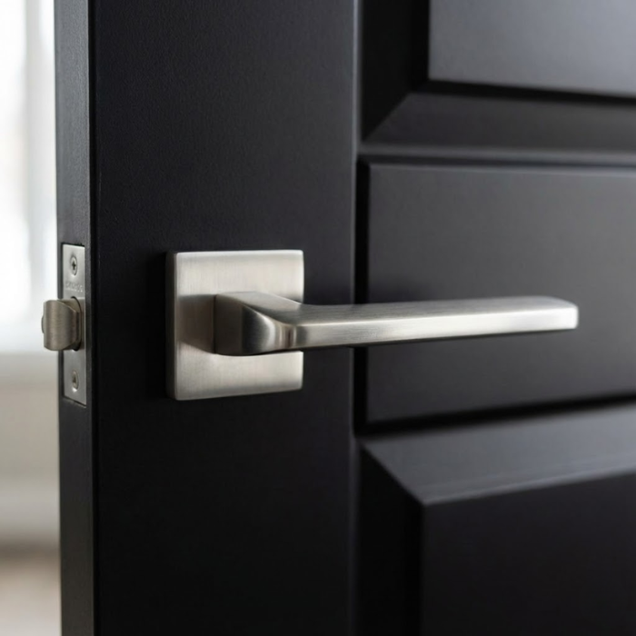 Yuka - Satin Chrome Sleek square internal door handles in a smooth satin chrome finish from the Yuka range, installed on a minimalist black interior door.
