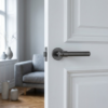 Sleek graphite Bellisa on Round Rosette contemporary internal door handles featuring a dark metallic finish on a bright white interior door.