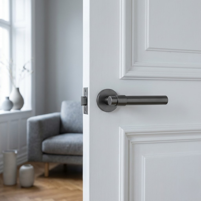 Bellisa - Graphite Sleek graphite Bellisa on Round Rosette contemporary internal door handles featuring a dark metallic finish on a bright white interior door.