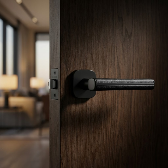 Davidia - Matt Black and Black Leather Davidia on Square Rounded Rosette refined internal door handles in a tactile matt black and black leather finish on a dark timber door.