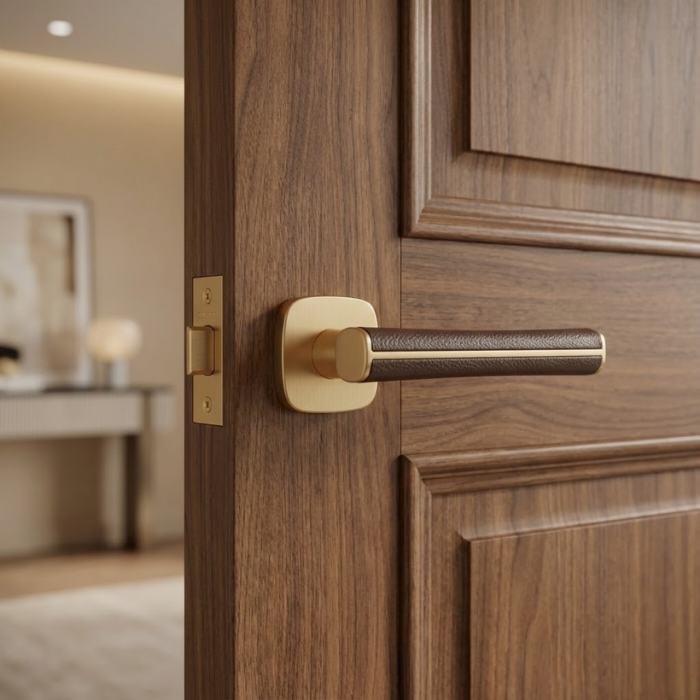 Davidia - Matt Gold and Brown Leather Refined internal door handles from the Davidia range featuring a matt gold finish and brown leather grip, installed on a rich walnut wood door.