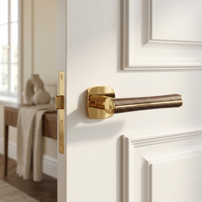 Davidia - Polished Gold and Brown Leather Luxurious polished gold and brown leather Davidia refined internal door handles mounted on a classic white interior door.