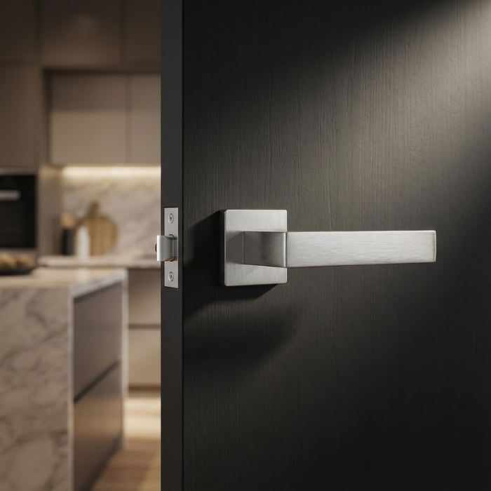 Alisso - Q - Brushed Chrome Alisso on Square Rosette designer square door handles in a modern brushed chrome finish, mounted on a sleek black interior door.