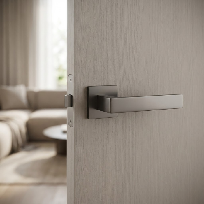 Alisso - Q - Graphite Designer square door handles in a dark metallic graphite finish from the Alisso on Square Rosette range, installed on a light grey wood grain door.