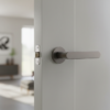 Elegant internal door handles featuring the Alora lever on a round rosette in a smooth graphite finish, shown on a contemporary painted internal door.