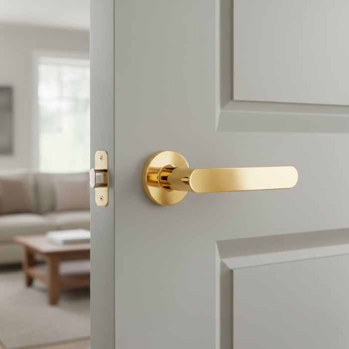 Alora - Polished Gold Elegant internal door handles featuring the Alora lever on a round rosette in polished gold, creating a refined focal point on a painted internal door.