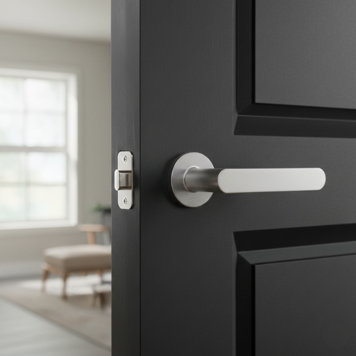 Alora - Satin Chrome Elegant internal door handles with the Alora lever on a round rosette in satin chrome, offering a subtle metallic finish on a contemporary interior door.