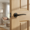 Matt black Ambrosia on round rosette internal door handle fitted to a light oak door, showing a gently curved lever design in a modern living space.