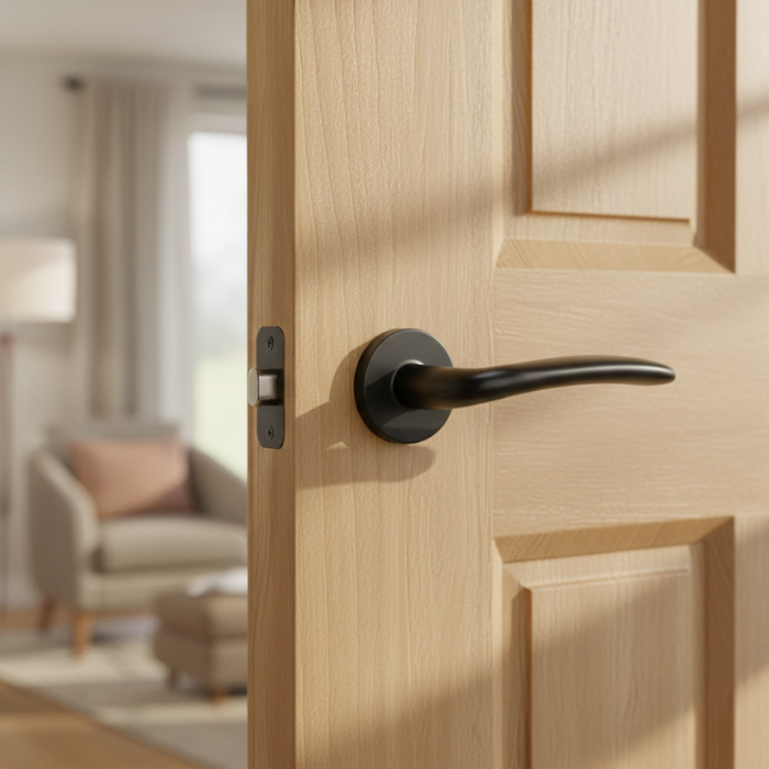 Ambrosia - Matt Black Matt black Ambrosia on round rosette internal door handle fitted to a light oak door, showing a gently curved lever design in a modern living space.