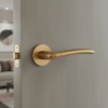 Matt gold Ambrosia on round rosette internal door handle on a painted interior door, featuring a softly curved lever and warm brushed finish.