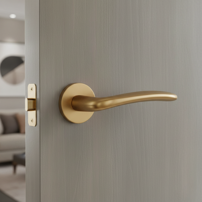 Ambrosia - Matt Gold Matt gold Ambrosia on round rosette internal door handle on a painted interior door, featuring a softly curved lever and warm brushed finish.
