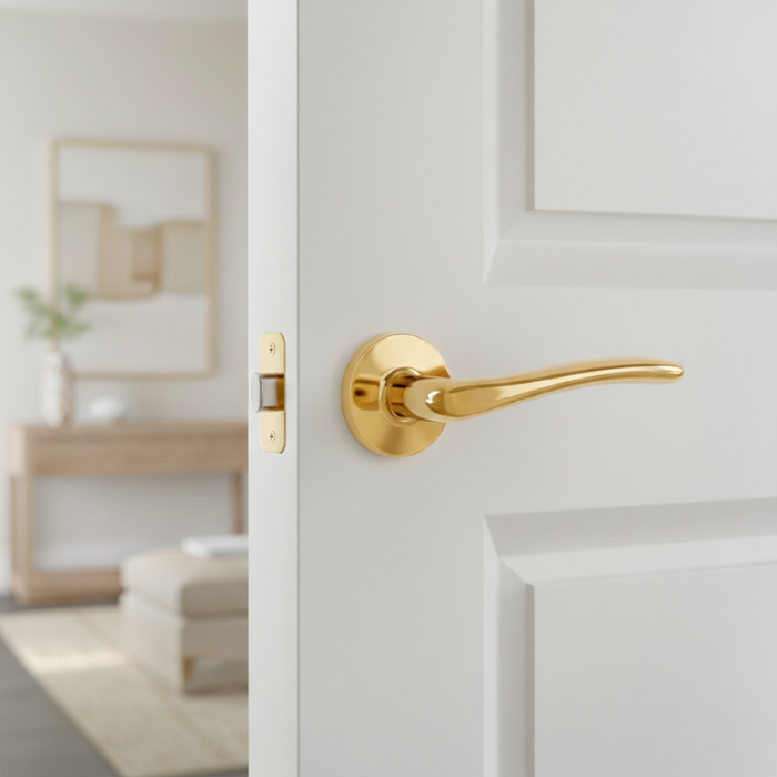 Ambrosia - Polished Gold Polished gold Ambrosia on round rosette internal door handle on a white panelled door, highlighting the elegant curved lever and reflective luxury finish.