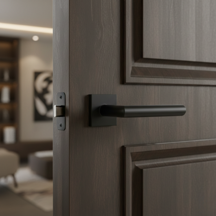 Arabis - Q - Matt Black Minimalist internal door handles in matt black, featuring the Arabis lever on a square rosette with a sleek contemporary design