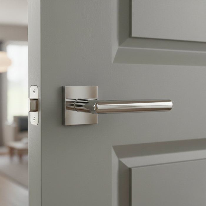 Arabis - Q - Polished Chrome Minimalist internal door handles in polished chrome, showcasing the Arabis lever on a square rosette with a refined modern finish
