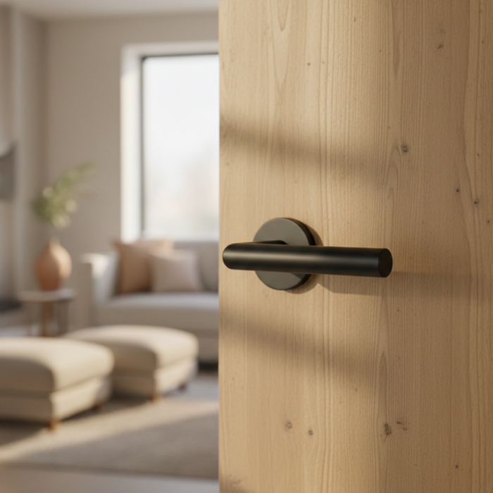 Arabis - R - Matt Black Sleek door handles for internal doors with the Arabis on Round Rosette in a matt black finish, creating a bold, minimalist look on an internal door.