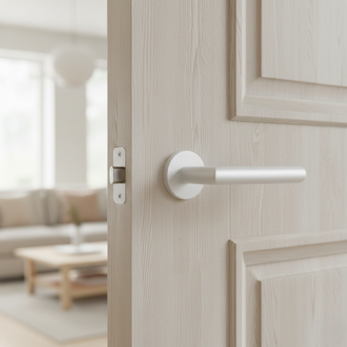 Arabis - R - Matt White Sleek door handles for internal doors featuring the Arabis on Round Rosette in a matt white finish, designed for clean and contemporary interiors.