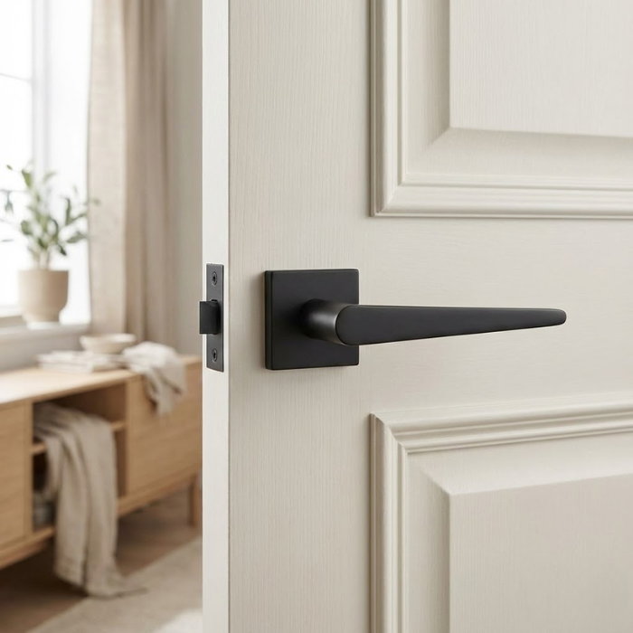 Arnica Q - Matt Black Arnica on Square Rosette in matt black finish, a sleek premium internal door handle on a classic panelled door.