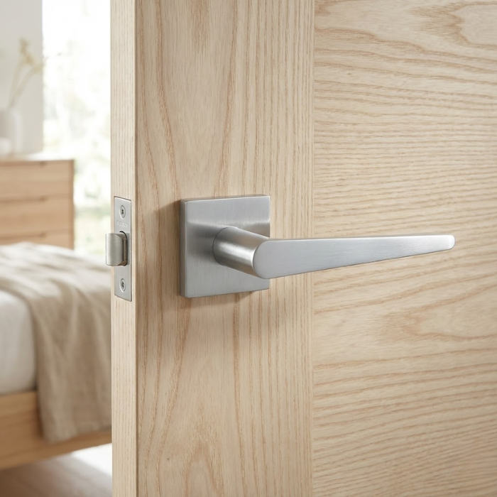 Arnica Q - Satin Chrome Arnica on Square Rosette in satin chrome, a brushed premium internal door handle on a light oak internal door.