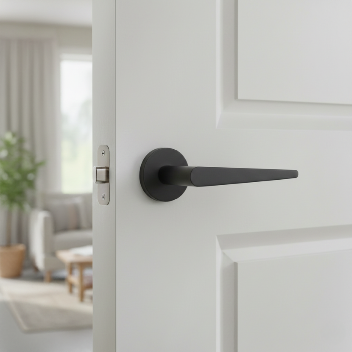 Arnica - R - Matt Black Luxury internal door handles – Arnica on Round Rosette in matt black with a sleek tapered lever design