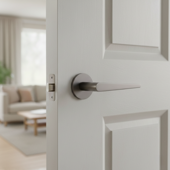 Arnica - R - Titanium Luxury internal door handles – Arnica on Round Rosette in titanium finish with a subtle industrial tone