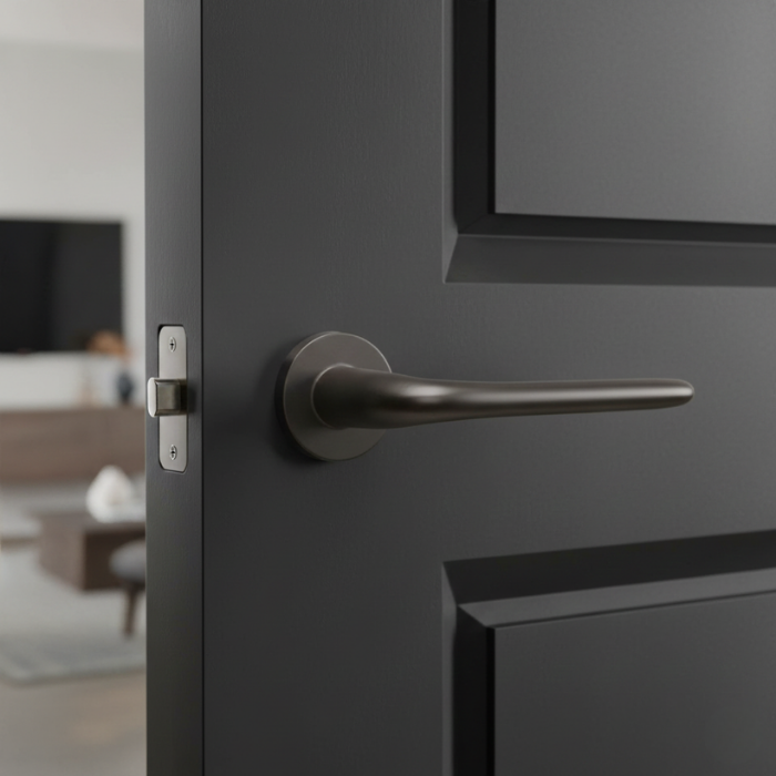 Azalia - Graphite Azalia on Round Rosette graphite finish, showcasing high-quality internal door handles with a sleek modern profile.