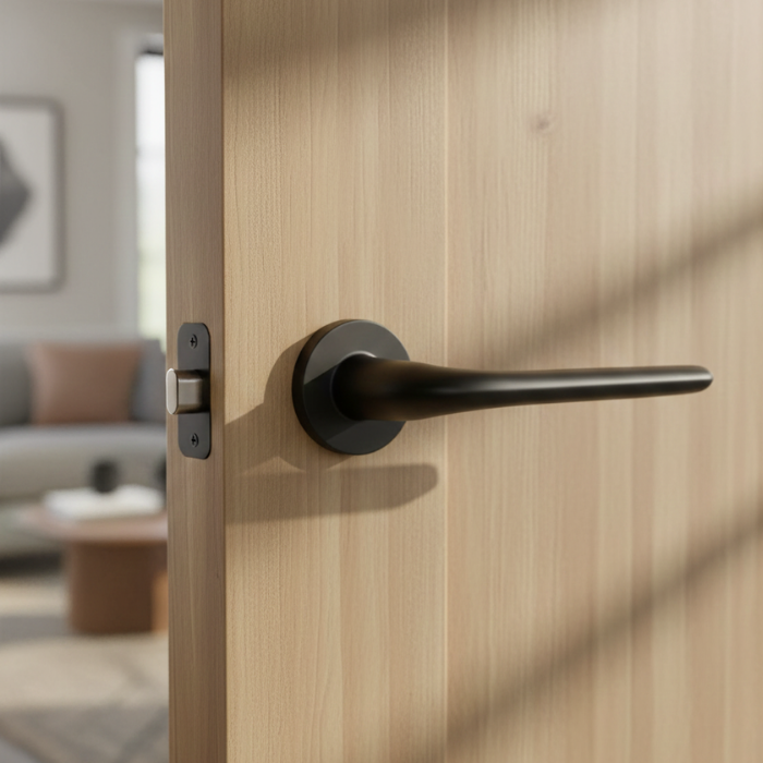 Azalia - Matt Black Azalia on Round Rosette in matt black, a high-quality internal door handle with a refined contemporary design.