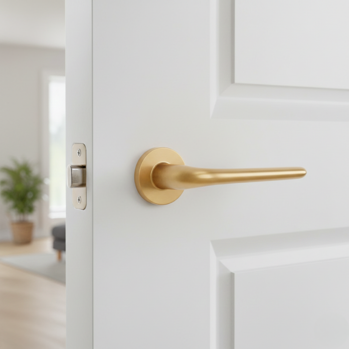 Azalia - Matt Gold Azalia on Round Rosette matt gold finish, highlighting high-quality internal door handles with a warm luxury tone.