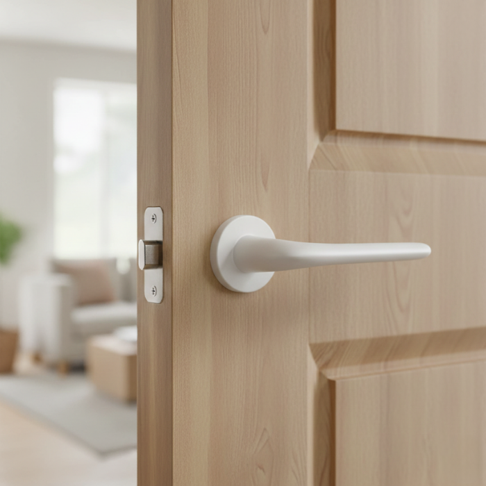 Azalia - Matt White Azalia on Round Rosette in matt white, featuring high-quality internal door handles for minimalist interiors.
