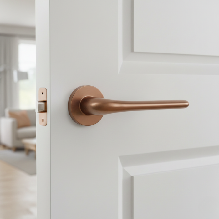 Azalia - PVD Copper Azalia on Round Rosette in PVD copper, a high-quality internal door handle with a distinctive metallic warmth.