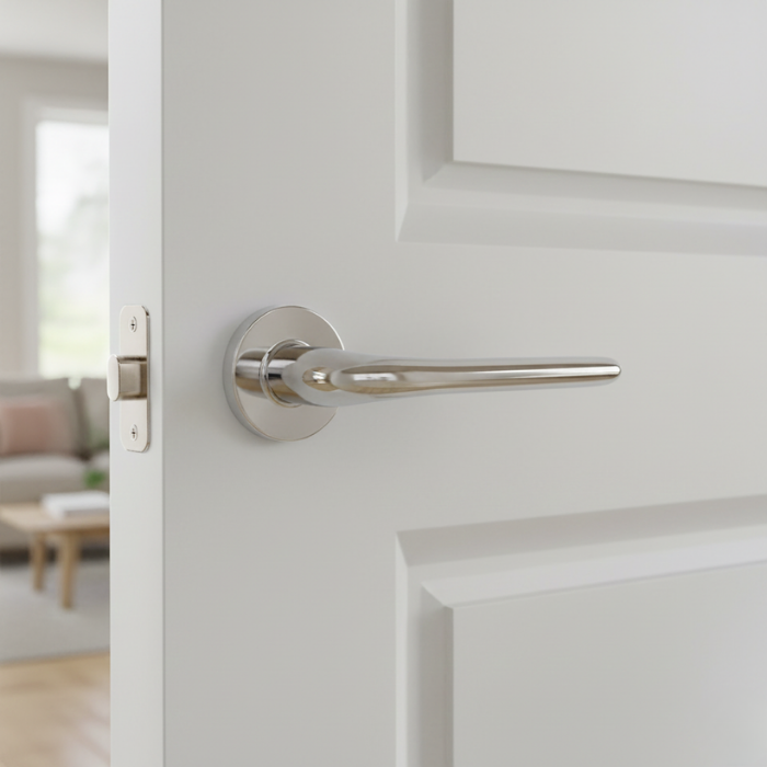 Azalia - Polished Chrome Azalia on Round Rosette polished chrome, a high-quality internal door handle with a smooth reflective finish.