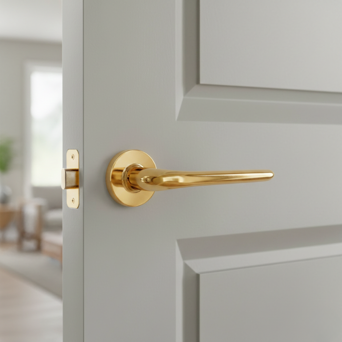 Azalia - Polished Gold Azalia on Round Rosette polished gold finish, presenting high-quality internal door handles with a classic luxury look.