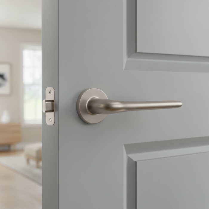 Azalia - Satin Nickel Azalia on Round Rosette satin nickel finish, highlighting high-quality internal door handles with understated elegance.