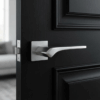 Bergenia on Square Rosette in satin chrome, a sleek elegant door handle for internal doors on a modern black panelled door.