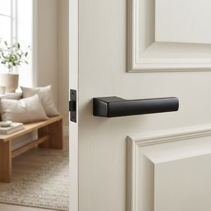 Brisa - Matt Black Brisa on Hidden Rosette in matt black, featuring durable internal door handles on a cream interior door
