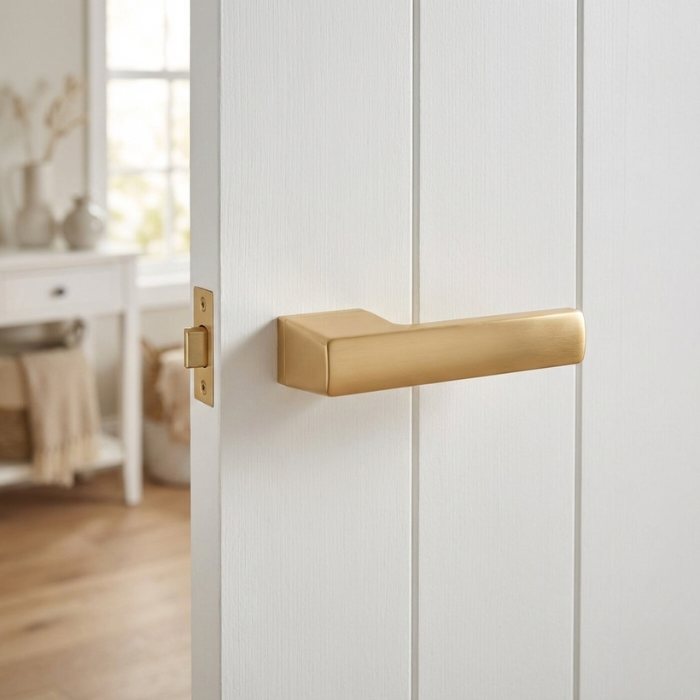 Brisa - Matt Gold Brisa on Hidden Rosette in matt gold, highlighting durable internal door handles on a white vertical-panel door.
