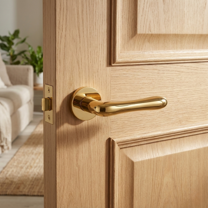 Cynia - PVD Gold Cynia on Round Rosette in PVD gold, luxury lever internal door handles fitted to a light oak internal door.