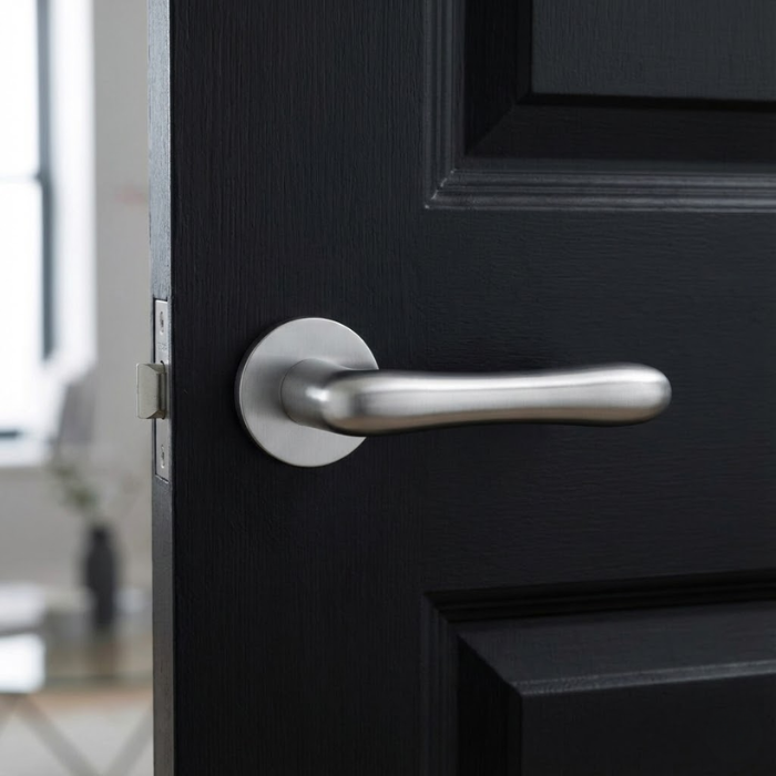 Cynia - Satin Chrome Cynia on Round Rosette in satin chrome, luxury lever internal door handles installed on a dark interior door.