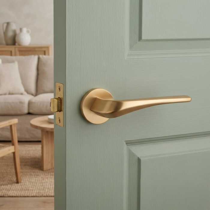 Dalia - Matt Gold Dalia on Round Rosette in a luxurious matt gold finish, highlighting elegant designer internal door handles on a soft green door.