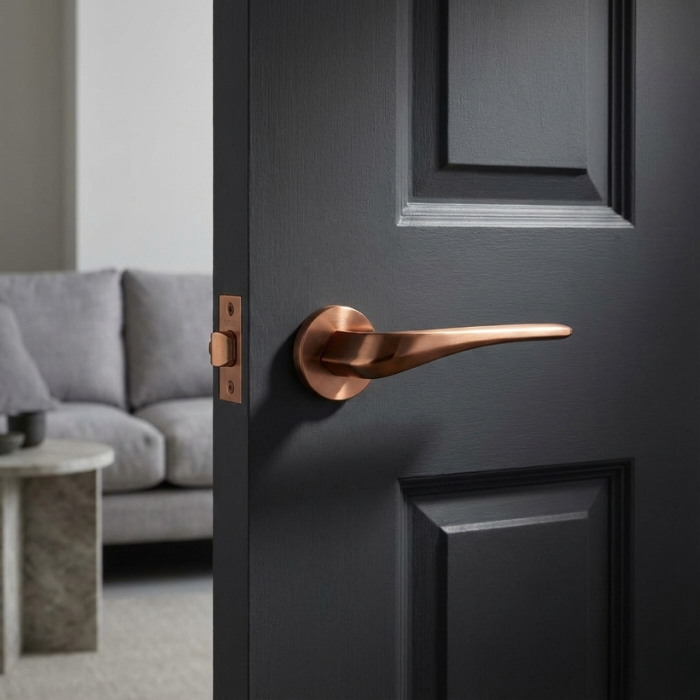 Dalia - PVD Copper PVD copper Dalia on Round Rosette, adding warm metallic style with contemporary designer internal door handles on a dark door.
