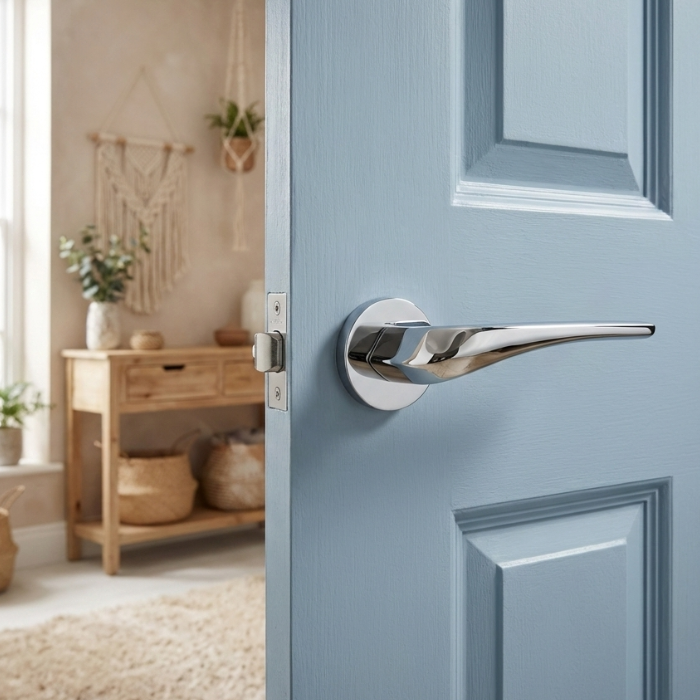 Dalia - Polished Chrome Polished chrome Dalia on Round Rosette, reflecting light beautifully and demonstrating premium designer internal door handles on a blue internal door.