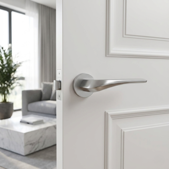 Dalia - Satin Chrome Satin chrome Dalia on Round Rosette, delivering a modern brushed finish ideal for refined designer internal door handles on a white door.