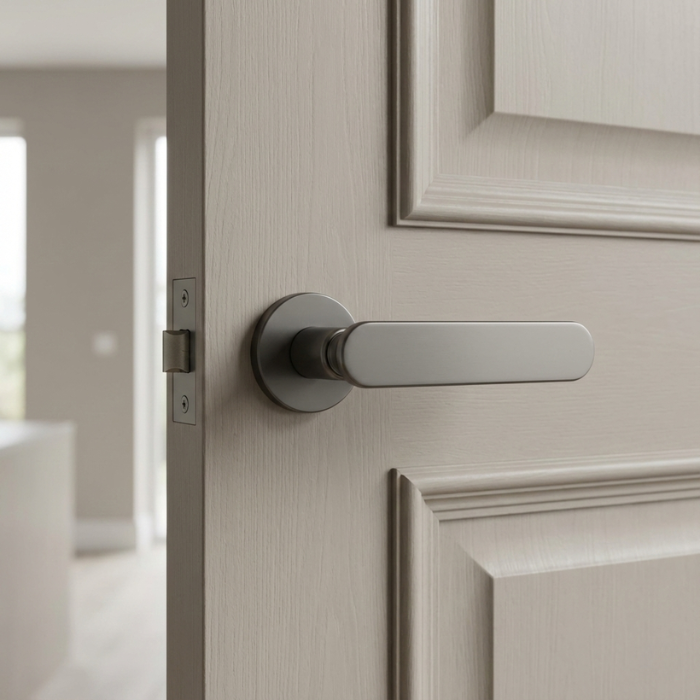 Deglasia - Graphite Deglasia on Round Rosette in graphite finish, showcasing high-end internal door handles on a light wood interior door.