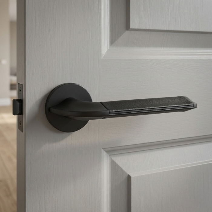 Detazia - Matt Black and Black Leather Close-up of Fragola on Round Rosette in matt black with black leather grip, offering a minimalist luxury door handle design.