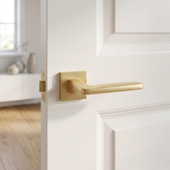 Erba - Matt Gold Erba on Square Rosette in a matt gold finish, stylish modern square internal door handles fitted to a white interior door.