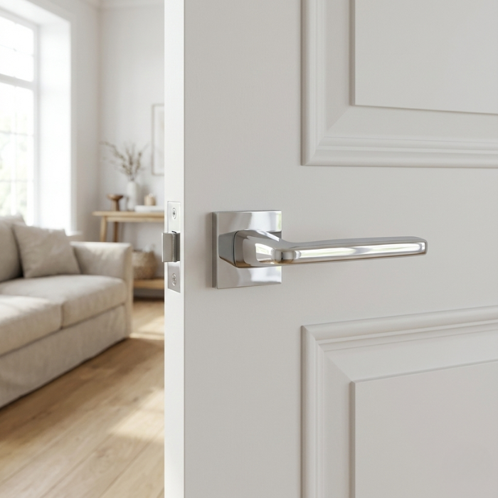Erba - Polished Chrome Erba on Square Rosette in polished chrome, reflecting light beautifully on modern square internal door handles installed on a white door.