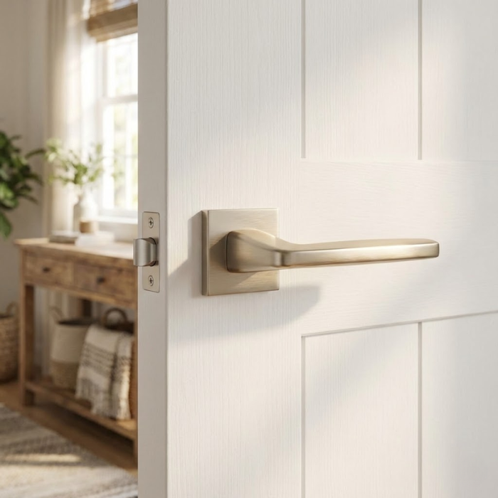 Erba - Satin Nickel Erba on Square Rosette in satin nickel finish, contemporary modern square internal door handles on a white internal door.