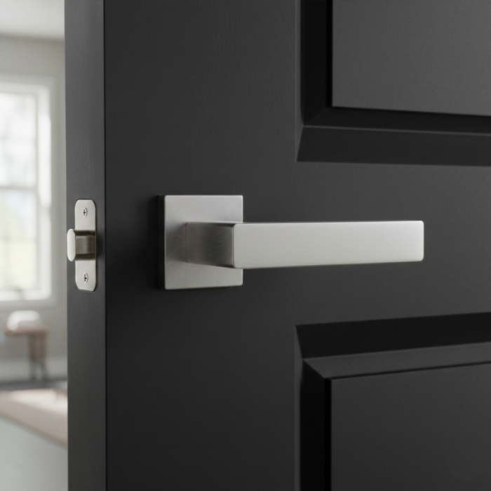 Erica - Satin Chrome Bold internal door handles in satin chrome, showcasing the Erica square rosette lever with a sleek brushed finish on a dark internal door.