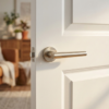 Sleek curved door handle in satin nickel finish, Euphorbia on Round Rosette, installed on a white internal door.