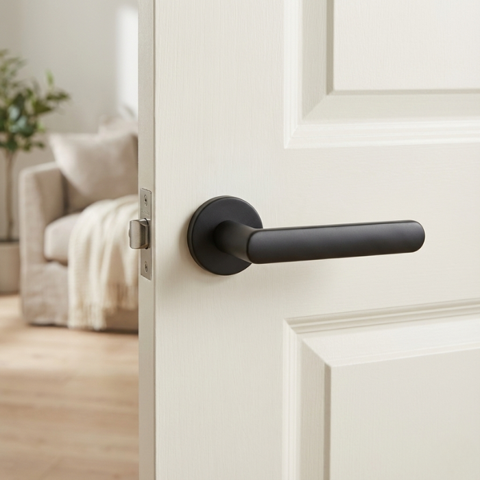 Fragola - Matt Black Fragola on Round Rosette luxury round internal door handle in matt black on a white interior door.
