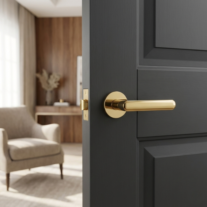 Fragola - PVD Gold Fragola on Round Rosette luxury round internal door handle in PVD gold fitted to a dark grey modern door.